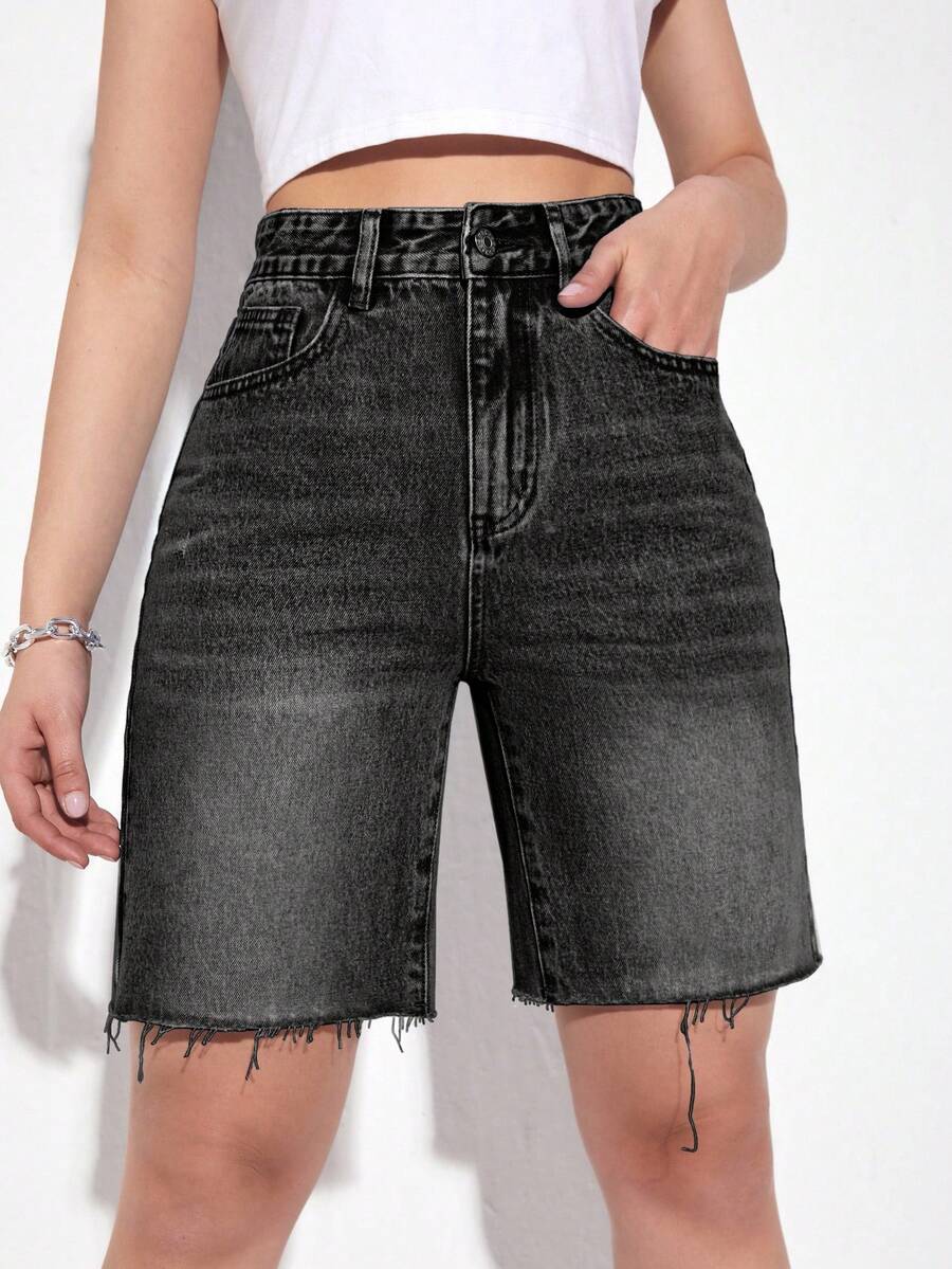 SHEIN ICON Pantalones cortos vaqueros de pierna recta con bolsillos en diagonal y bordes deshilachados, estilo casual de verano para mujer - Gris - Ver 1