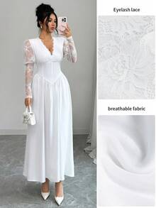 Modelyn 女士优雅法式蕾丝花瓣袖连衣裙，喇叭裙摆，适合派对和聚会，春夏款 - 白色 - 查看 4