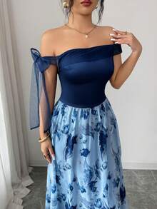 Modelyn 女士法式优雅露肩印花中长连衣裙，春夏款 - 藍色 - 查看 2