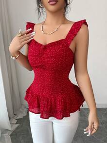 Elenzga Blusa roja de mujer con cuello cuadrado de volantes, cintura recogida y estampado de lunares texturizado, de estilo francés, primavera/verano, de lujo y elegante - Rojo - Ver 5