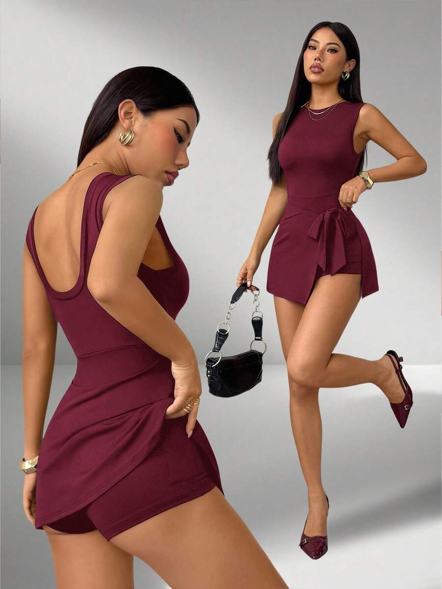 SHEIN PETITE 女款純色極簡無袖連身褲,適合日常穿著,小碼女款 - 酒紅色 - 查看 1