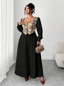 Elenzga Plus Size Women's Vintage French Style Color Block Long Sleeve 2 In 1 Dress, Suitable For Graduation, Holidays, Valentine's Day, Christmas, Music Festivals, Mother's Day, Halloween, Thanksgiving, Easter, National Day, Dances, Dates, Parties, Weddings, Outings - Black - View 4