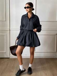 DAZY Plaid Elastic Waist Ruched Hem Shirt Dress, Casual Vacation Dress For Women, Long Sleeve, Spring/Autumn - Blue - View 3