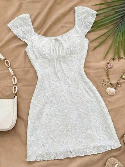 SHEIN Teen Girl Casual Vacation Retro Elegant Ditsy Floral Knit Jacquard 3D Bow Decor Ruched Flounce Waist A-Line Short Sleeve Dress, White