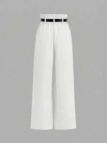 SHEIN MOD 女士休闲、办公、通勤简约纯色双排扣马甲搭配高腰阔腿西装裤套装，适合春、夏、秋季穿着。 - 白色 - 查看 9