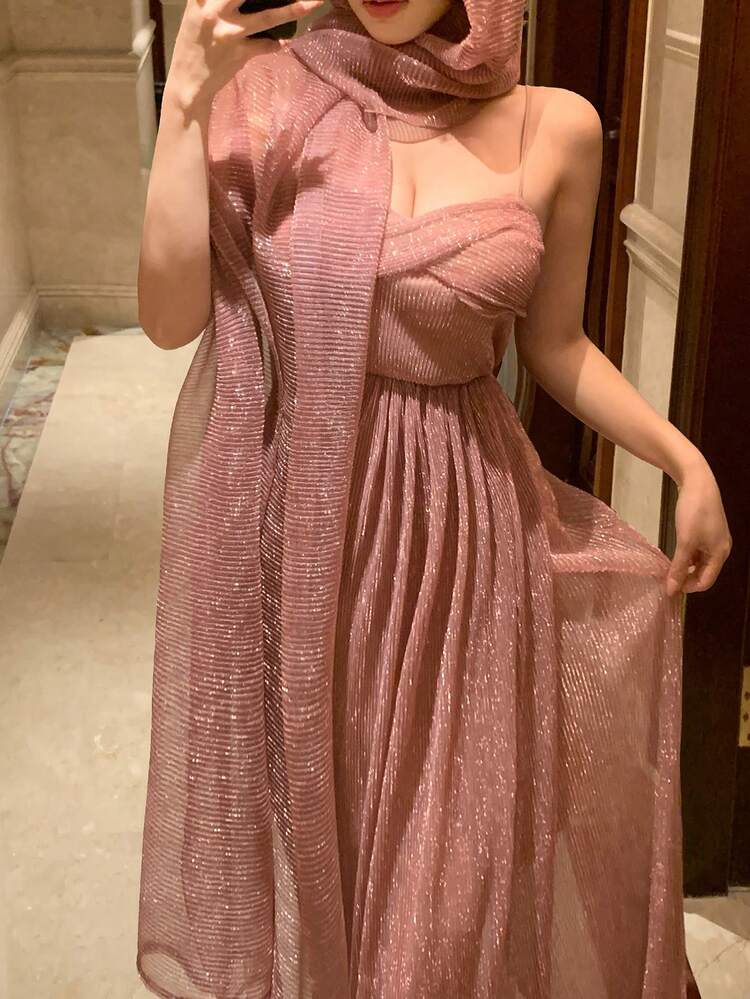 Dusty Pink,Autumn,Elegant,Dinner Shiny Satin Scarf Tie Sleeveless Dress,Ruffle Slim Fit Sundress For Wedding,Party,Formal Occasions,Valentine's Day