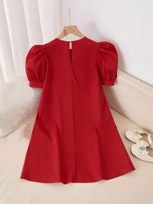 SHEIN Đầm chữ A tay phồng, màu trơn, phối nơ, kiểu dáng thanh lịch, thoải mái cho bé gái tuổi teen, thích hợp mặc hàng ngày, đi học, màu đen, đầm có nơ. - Đỏ và trắng - Xem 4