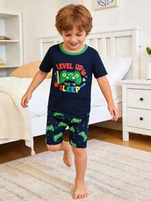 Young BoyVideo Game Glow-In-The-Dark Round Neck Short Sleeve Top And Shorts Pajama Set - Multicolor - View 9