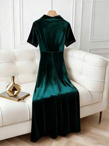 Franclia Women's Velvet Polo Collar Rhinestone Embellished Elegant Dress In Dark Green,Autumn Long-Sleeved Casual Formal Gown For Dining,Wedding Guest,Party - Green - View 3