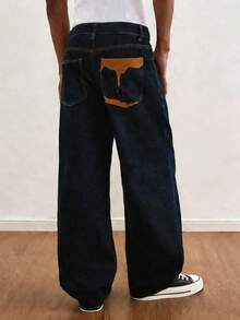 TOKVUE Men's Fashionable Street Style Embroidery Design Casual Washed Straight Leg Loose Jeans Men Wide Leg Jean Dark Wash Jeans Men's Jeans - Dark Wash - View 7