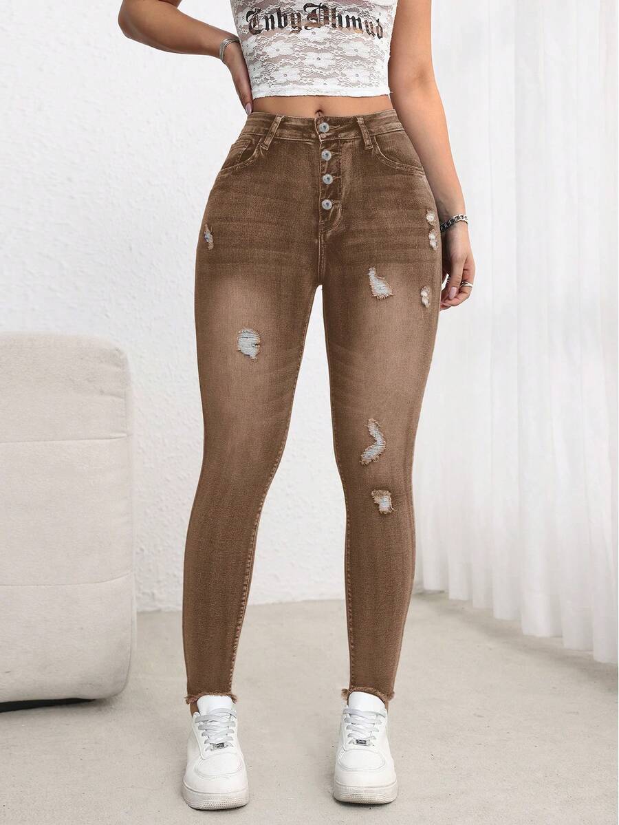 SHEIN ICON 女士口袋破洞修身休闲百搭牛仔裤 - 棕色 - 查看 1