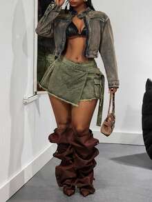 Slaydiva Váy quần jean denim dáng cargo cổ điển, gấu quần rách, cỡ lớn, thích hợp cho mùa hè. - Màu xanh lam - Xem 5