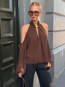 Women's Black Off-Shoulder Mandarin Collar Chiffon Blouse Brown Blouses Coffee Brown Top Dark Brown Top Brown Long Sleeve Top Chocolate Brown Top Open Shoulder Top Brown Tops For Women One Sleeve Top,Summer Top - Brown - View 6