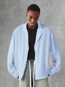 SUMWON 超大翻领纽扣长袖休闲商务工作衬衫 - 藍色 - 查看 2