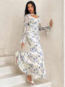 Modelyn 褶皱时尚修身弹力网纱印花长款紧身连衣裙，春夏款 - 彩色 - 查看 5