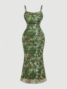 SHEIN MOD 加大码夏季新款丝绒提花镂空网纱吊带裙，浪漫约会度假蕾丝荷叶边修身连衣裙，夏季茶会连衣裙，黑色和酒红色 - 綠色 - 查看 6