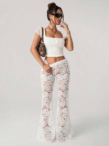 SHEIN ICON 女士纯色简约日常穿搭，复古提花镂空蕾丝喇叭裤 - 白色 - 查看 3