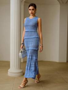 ZEYLAH 蓝色花卉蕾丝无袖几何图案针织连衣裙 - 藍色 - 查看 5