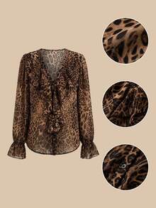 Travachic Plus Size Women Chiffon Floral Print Long Sleeve Blouse, Leopard Print Ruffle Hem Shirt,Fall Clothes For Women - Multicolor - View 8