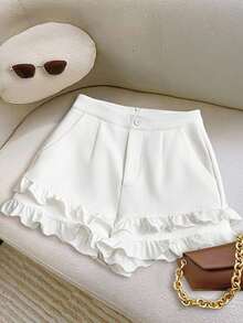Franclia Petite 女士新款春夏荷叶边拼接优雅白色短裤，适合娇小身材 - 白色 - 查看 1