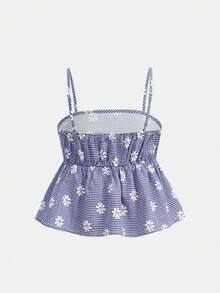 SHEIN Firerie Kids Tween Girls Blue Plaid Daisy Print Camisole + Pants 2 Pieces Set, Casual, Fashionable, Versatile, Suitable For Party, Outing, Sister Photo Shoot, Park, Camping, Vacation, Daily Leisure - Blue - View 6