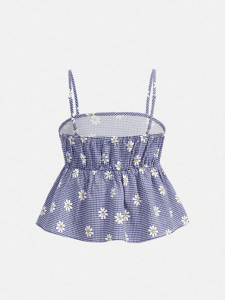 SHEIN Firerie Kids ティーンガールズ ブルーチェック デイジー柄キャミソール + パンツ 2点セット、カジュアル、ファッショナブル、多用途、パーティー、お出かけ、姉妹撮影、公園、キャンプ、バケーション、日常のレジャーに適しています - ブルー - 見る 6