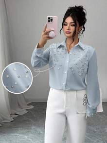 Elenzga Plus Size Women Casual Fashion Faux Pearl Button Front Long Sleeve Shirt Fall Cloth For Women - Dusty Blue - View 3