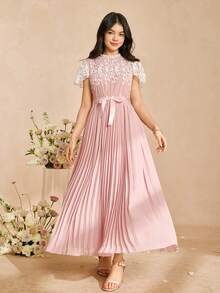 Teen Pleated Chiffon Dress, Luxury Embroidered Formal Dress, Graduation Ceremony Choir - Pink - View 3