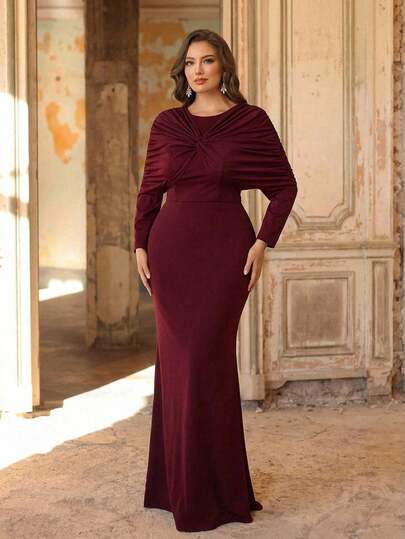 Aureia Plus Size Elegant & Romantic Angora Red Twist Knot Crew Neck Long Sleeve Fitted Fishtail Hem Dress, Suitable For Evening Party, Date, Ball, Vacation, Wedding, Bridesmaid