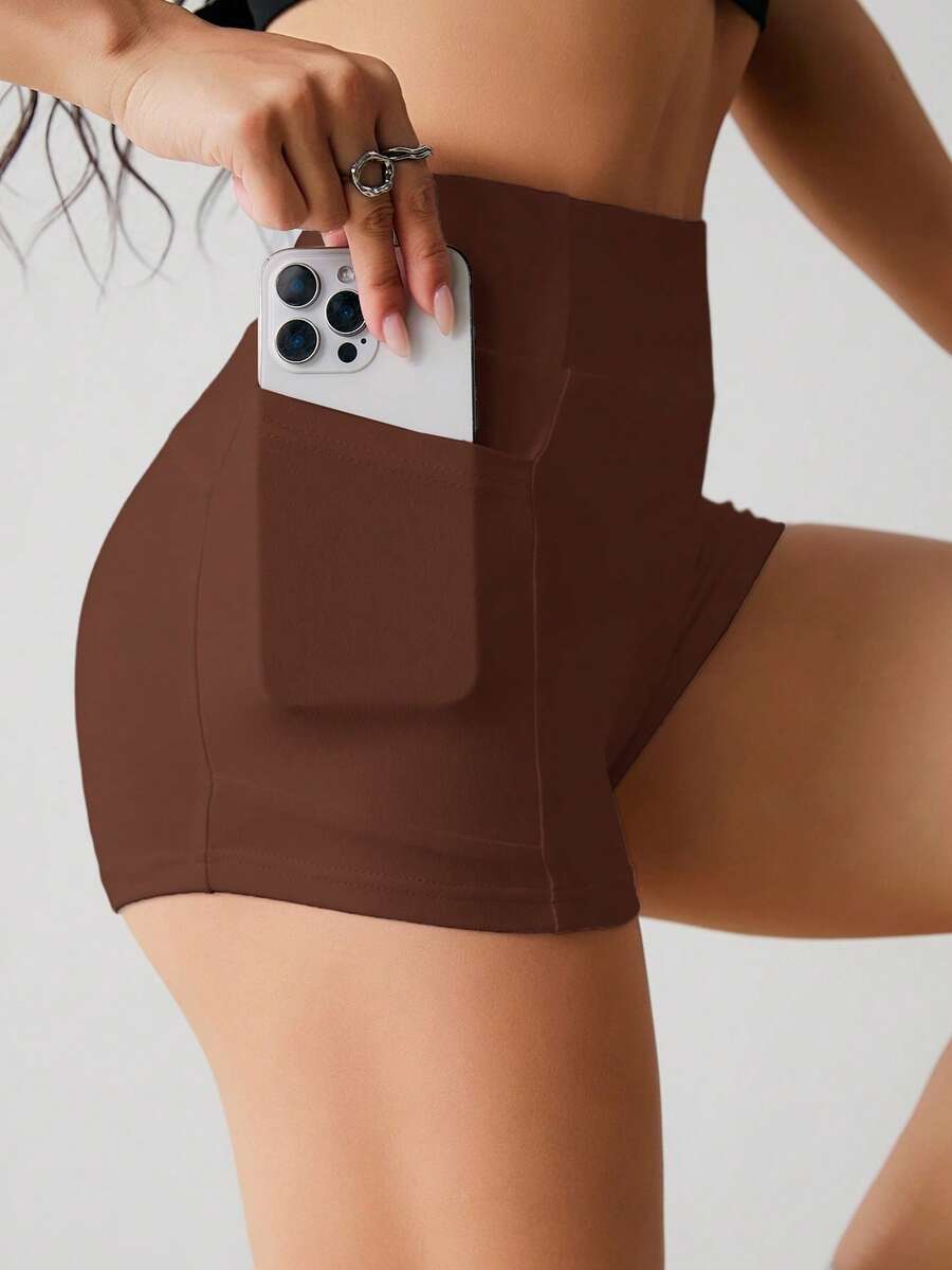 SHEIN PETITE 女士休闲纯色简约手机口袋短裤 - 棕色 - 查看 1