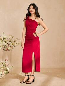 Đầm dài không tay, họa tiết hoa hồng đỏ, kiểu dáng lệch vai dành cho thiếu nữ, thích hợp cho mùa xuân/hè, dự tiệc cưới, sinh nhật, chất liệu polyester, nhẹ và co giãn. - Màu Hoa hồng đỏ - Xem 4