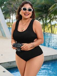 Swim Lushoire 2 pièces Femme grande taille Maillot de bain bikini pour vacances à la plage, couleur unie, bretelles épaisses, décolleté en V, sexy - Noir - Voir 6