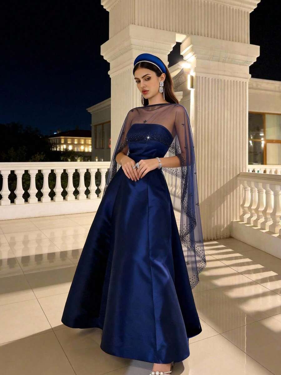 Modelyn 女士优雅派对水钻网纱披肩连衣裙