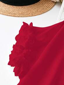 SHEIN LUNE Áo kiểu nữ cỡ lớn, màu trơn, cổ tròn, viền bèo nhún, phong cách thường ngày. - Đỏ - Xem 4