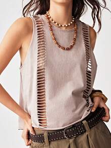 Bohemela Top corto de punto de un solo color lavado para mujer - Albaricoque - Ver 3