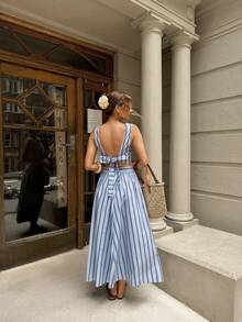 Serisse Women's Summer Casual Striped Tie-Front Sleeveless Crop Top And Skirt 2-Piece Set,Summer ,Spring,Valentine's Day,Party,Wedding,Ceremony,Elegant ,Vacation,Casual, Formal, - Blue and White - View 3