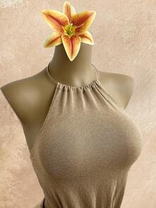 Elamini Sexy Halter Backless Vacation Style Dress For Women - Gold - View 5