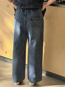 DAZY 少女蝴蝶结刺绣口袋阔腿宽松休闲百搭牛仔裤 - 藍色 - 查看 5