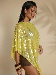 SHEIN BAE Áo khoác ngoài thời trang nữ, vạt bất đối xứng, đính sequin, màu vàng, thích hợp cho mùa hè, kỳ nghỉ xuân, ngày Valentine, đi biển, sinh nhật, đi chơi, áo sequin, thanh lịch, mùa hè, kỳ nghỉ xuân, ngày Valentine, lễ hội, đi biển, kỳ nghỉ, kỳ nghỉ hè, sequin vàng, áo vàng, đồ đi biển mới mùa hè 2026, tiệc bãi biển. - Màu vàng - Xem 8
