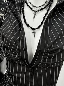 Jeanoix 女士经典复古黑白条纹荷叶边短袖休闲纽扣衬衫，春夏款 - 黑色 - 查看 5