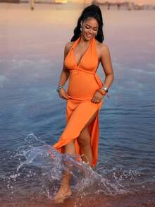 Lureya Women's Fashion Spaghetti Strap Spaghetti Strap Deep V Neck Hollow Out Drawstring Waist Side High Slit Sexy Charming Elegant Young Romantic Daily Vacation Outing Party Maxi Dress, Spring/Summer,Sexy Off Shoulder Dress,Orange Vacation Dress - Orange - View 8