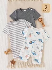 Playful Pals 3件套幼儿男童可爱印花+条纹+纯色柔软舒适连体衣套装，适合居家、户外运动、派对等场合。 - 彩色 - 查看 5