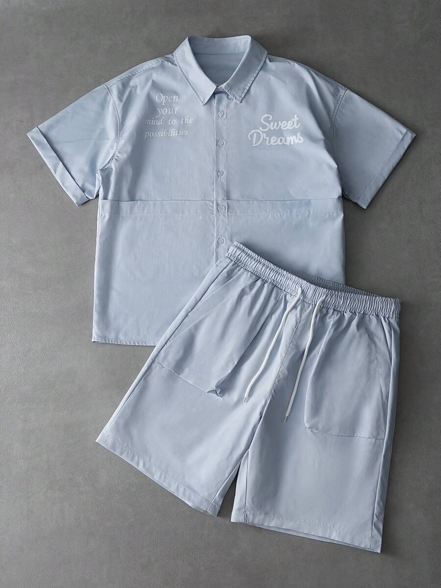 Manfinity Roghcode 男士休闲印花短袖衬衫短裤套装，袋鼠领纽扣衬衫配3D口袋，男士短裤衬衫套装，适合春夏、夏季、度假、复古、外出、派对、节日等场合，也是送给男友的礼物。 - 藍色 - 查看 1