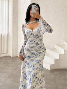 Modelyn 褶皱时尚修身弹力网纱印花长款紧身连衣裙，春夏款 - 彩色 - 查看 7