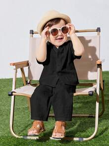 SHEIN Lässiges, locker sitzendes 2 Stücke Set aus Hemd mit Stehkragen und Hose aus gewebtem Uni-Stoff mit kurzen Ärmeln, geeignet für Babyjungen und -mädchen, Frühling/Sommer/Herbst, Outdoor, Urlaub, Alltag, Reisen - Schwarz - Übersicht 5