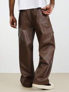 TOKVUE Manfinity Streetrush Men's PU Leather Pants, Loose Versatile Trousers, Men Loose Straight Leg Casual Brown Baggy Cargo Pants, Fall Winter - Brown - View 2