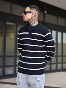 Devon Thys 男士长袖条纹飞机领针织毛衣，秋冬，垃圾摇滚风格 - 黑色 - 查看 4