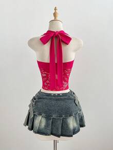 Elamini 女士优雅蕾丝拼接黑色露背吊带背心，休闲百搭，适合日常穿着，秋冬季 - 玫紅色 - 查看 2