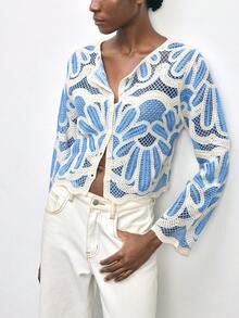 Maija Women's Hollow Out Dual-Tone Single-Breasted Long Sleeve Knitted Cardigan - Multicolor - View 2