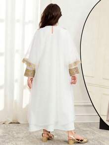 SHEIN Tween Girl Gold Ribbon Contrast Mesh Cardigan V-Neck Dress 2 Pieces Set Abaya For Kids Girls Arabic White And Abayas - White - View 7